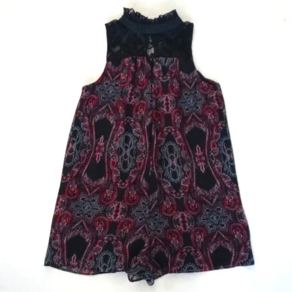 NWT BCBGeneration Women’s Laced Black & Purple Paisley Sleeveless Short Romper S - Picture 15 of 16